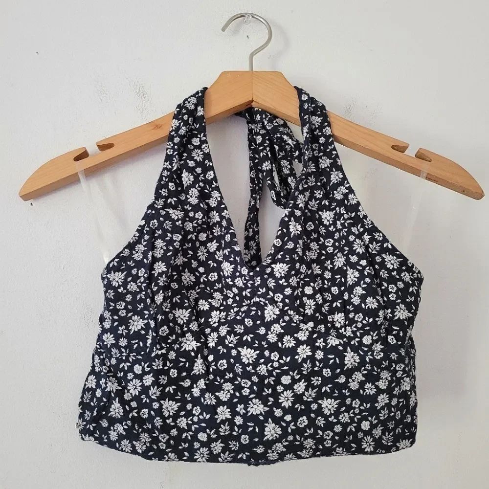 American Eagle Floral Crop Halter Top Navy Blue/White XS
